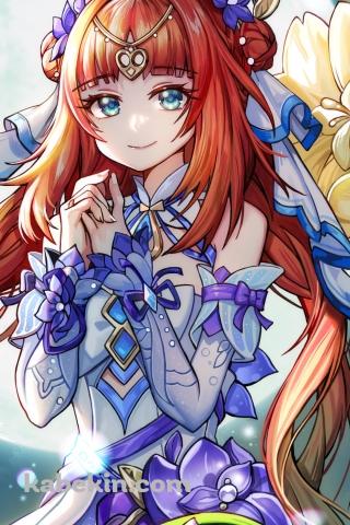 満月とお祈りするニィロウ / 東風はこぶ花の吐息 / 原神のAndroidの壁紙(320px x 480px) スマホ用