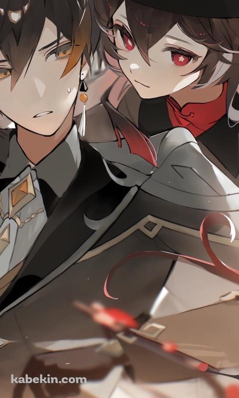 寄り添う胡桃と鍾離 / 原神のAndroidの壁紙(480px x 800px) スマホ用