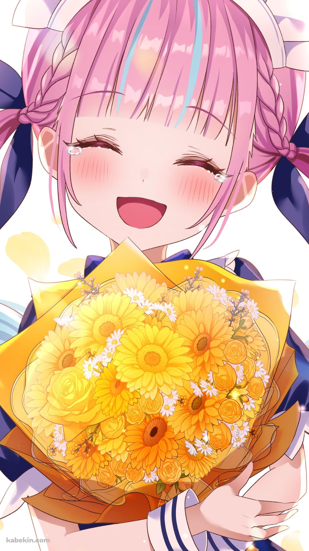 向日葵の花束を抱える笑顔の湊あくあ / バーチャルYouTuber / ホロライブのAndroidの壁紙(1080px x 1920px) スマホ用