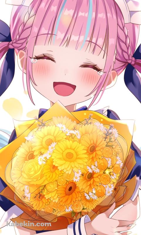 向日葵の花束を抱える笑顔の湊あくあ / バーチャルYouTuber / ホロライブのAndroidの壁紙(480px x 800px) スマホ用