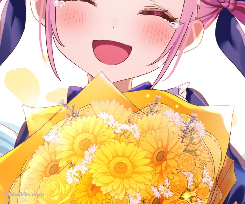 向日葵の花束を抱える笑顔の湊あくあ / バーチャルYouTuber / ホロライブのAndroidの壁紙(960px x 800px) スマホ用