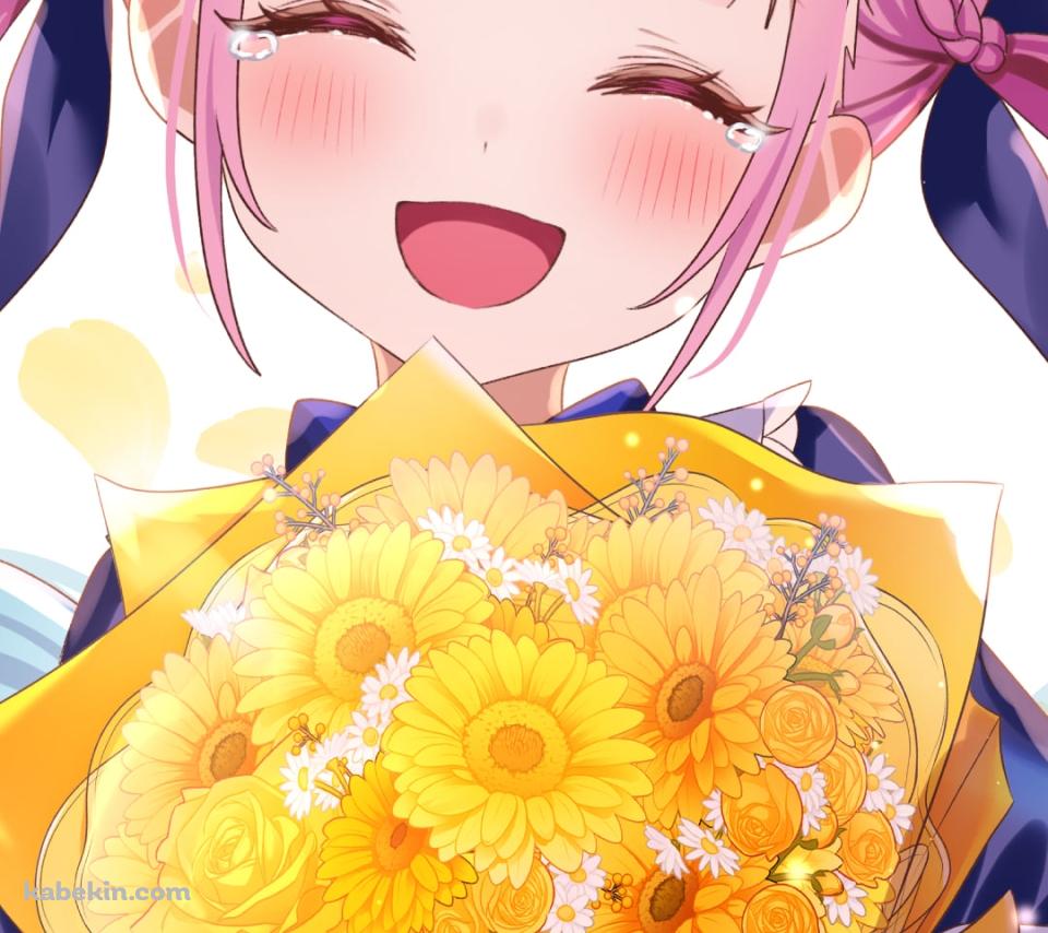 向日葵の花束を抱える笑顔の湊あくあ / バーチャルYouTuber / ホロライブのAndroidの壁紙(960px x 854px) スマホ用