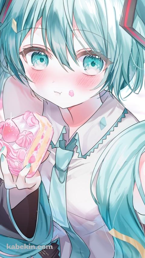苺のショートケーキを頬張る初音ミク / ボーカロイドのAndroidの壁紙(480px x 854px) スマホ用