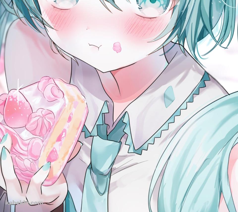 苺のショートケーキを頬張る初音ミク / ボーカロイドのAndroidの壁紙(960px x 854px) スマホ用