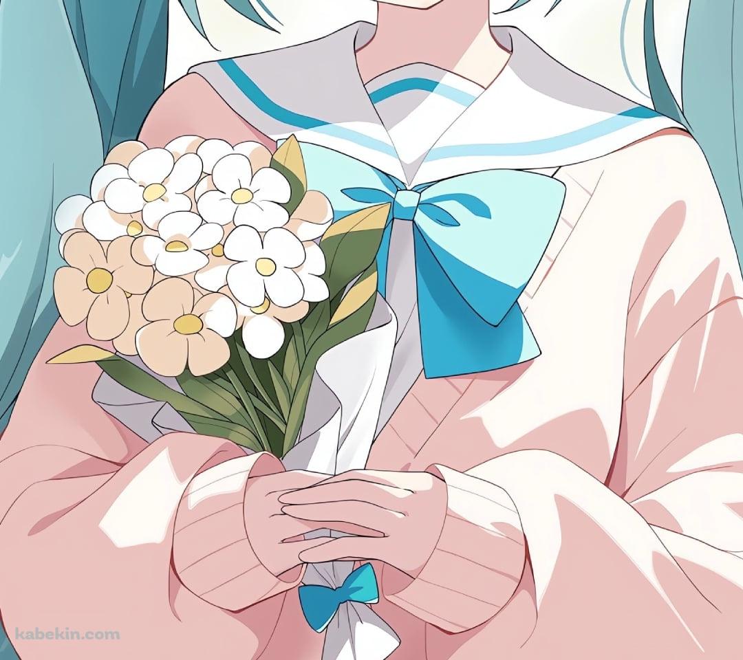 白い花束を持つ可愛い初音ミク / ボカロのAndroidの壁紙(1080px x 960px) スマホ用