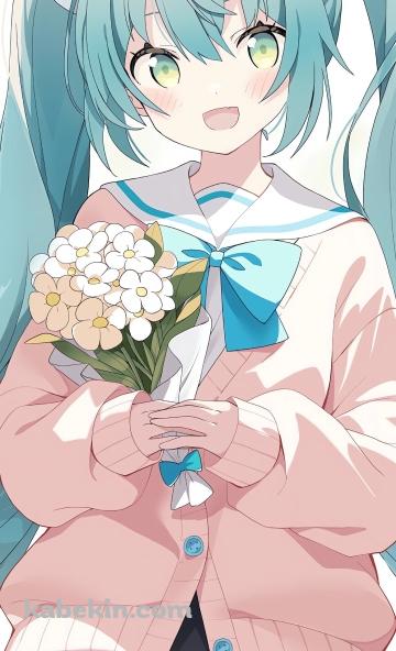 白い花束を持つ可愛い初音ミク / ボカロのAndroidの壁紙(360px x 592px) スマホ用