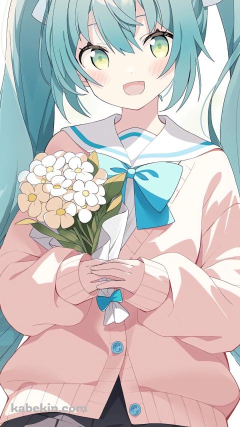 白い花束を持つ可愛い初音ミク / ボカロのAndroidの壁紙(480px x 854px) スマホ用