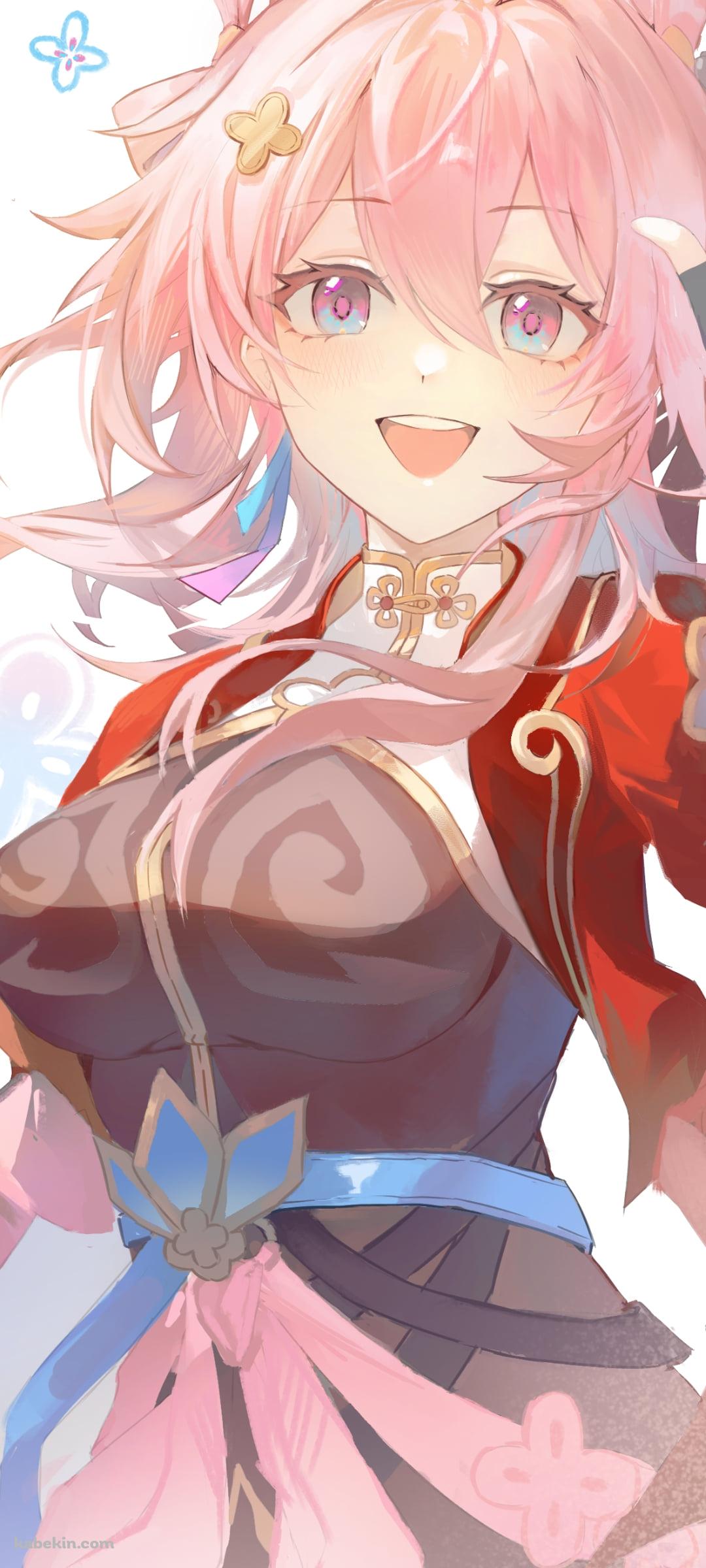 左手でピースをする笑顔の三月七 / 崩壊:スターレイルのAndroidの壁紙(1080px x 2400px) スマホ用