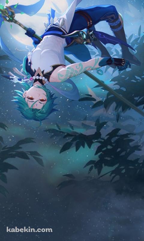 満月とジャンプをする魈 / 原神のAndroidの壁紙(480px x 800px) スマホ用