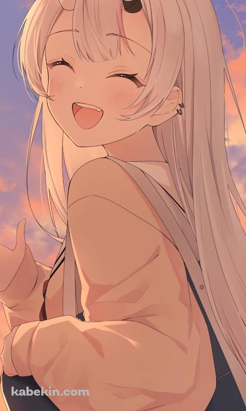 夕暮れ時 手を振る可愛い百鬼あやめ / ぽよ余 / バーチャルYouTuber / ホロライブのAndroidの壁紙(480px x 800px) スマホ用