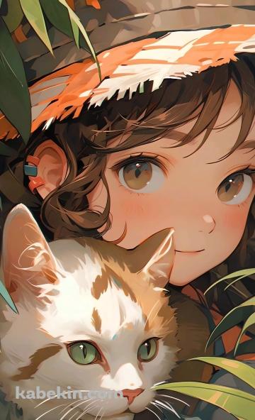 草むらに隠れた猫と女子のAndroidの壁紙(360px x 592px) スマホ用