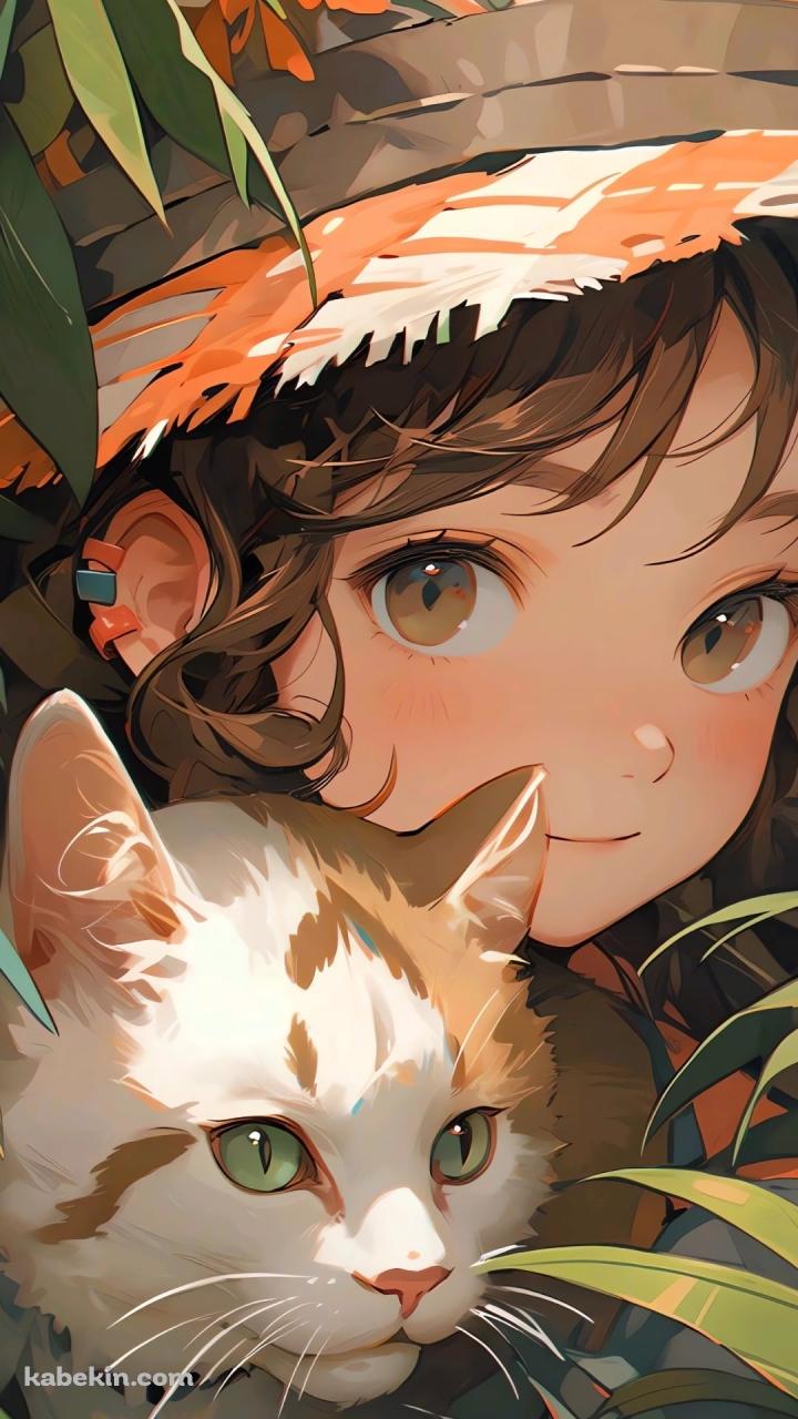 草むらに隠れた猫と女子のAndroidの壁紙(720px x 1280px) スマホ用