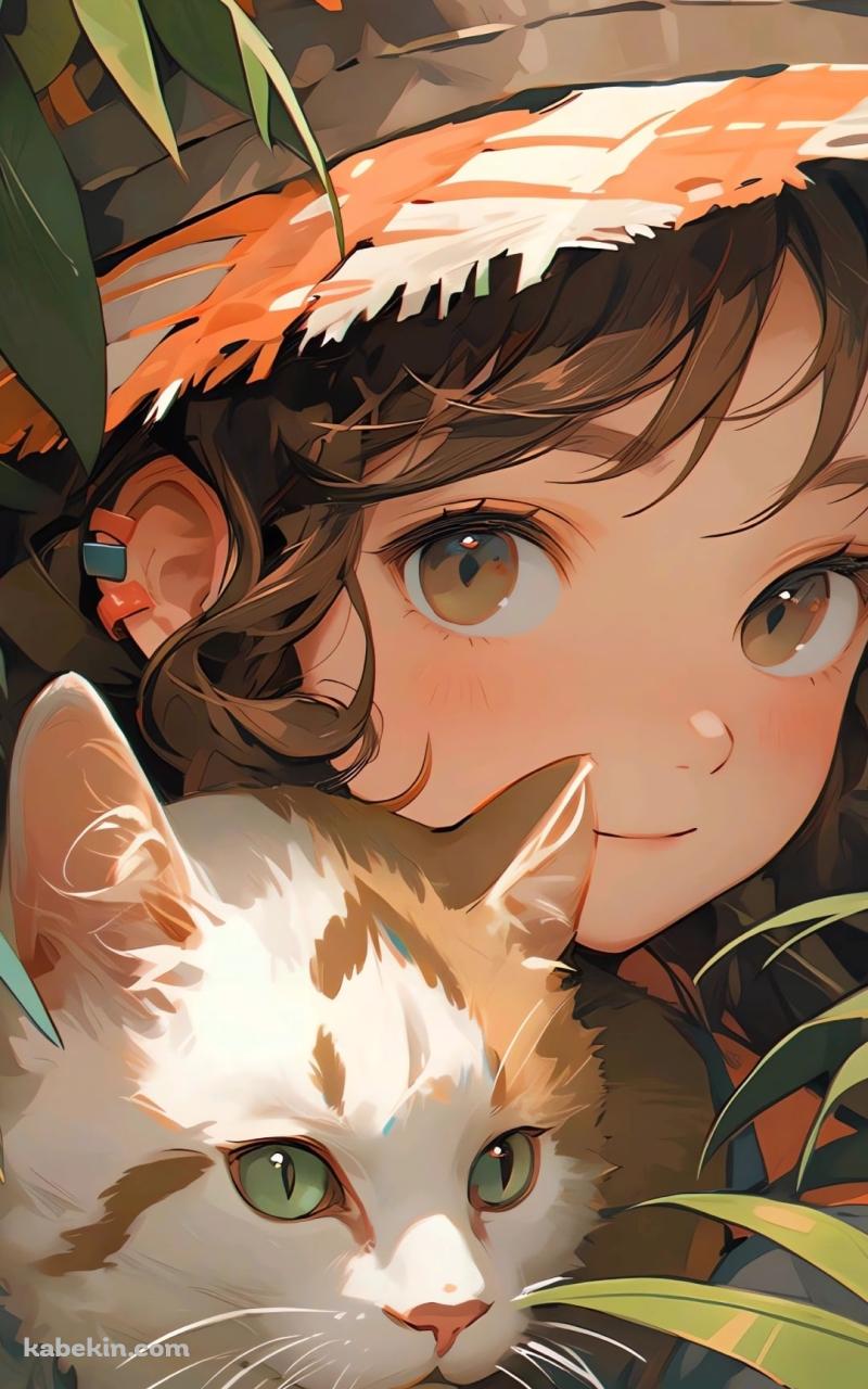 草むらに隠れた猫と女子のAndroidの壁紙(800px x 1280px) スマホ用