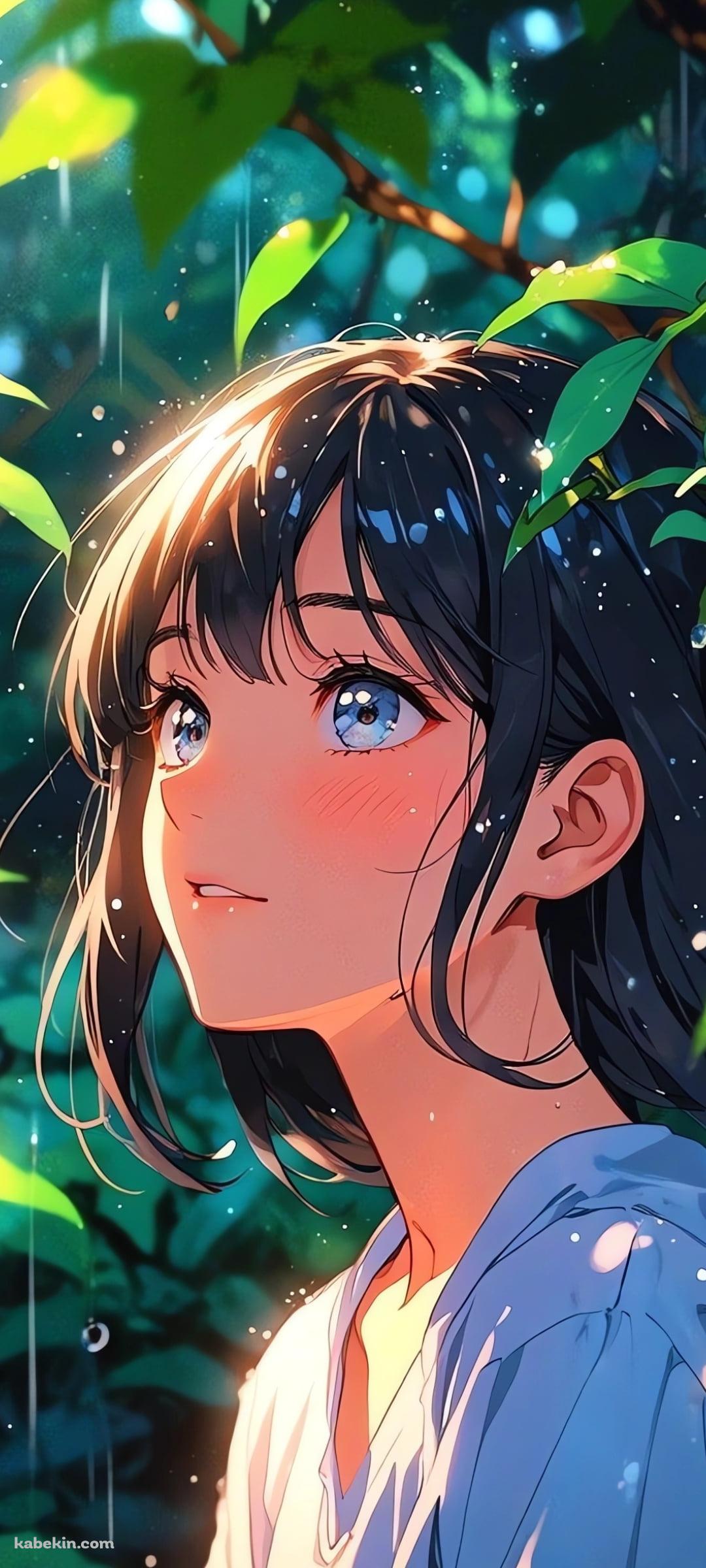 雨にうたれる女性 / 緑の葉のAndroidの壁紙(1080px x 2400px) スマホ用