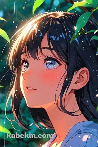 雨にうたれる女性 / 緑の葉のAndroidの壁紙(320px x 480px) スマホ用
