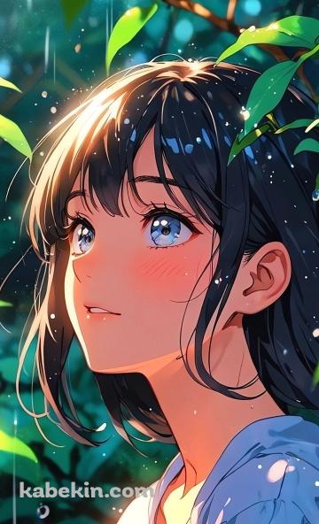 雨にうたれる女性 / 緑の葉のAndroidの壁紙(360px x 592px) スマホ用