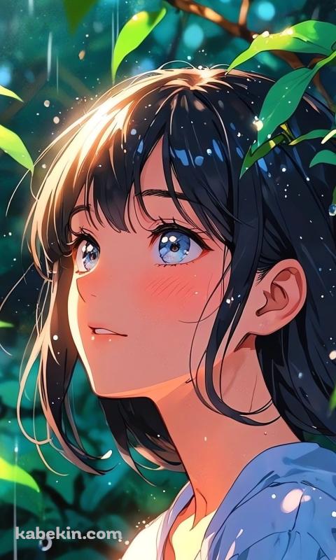 雨にうたれる女性 / 緑の葉のAndroidの壁紙(480px x 800px) スマホ用