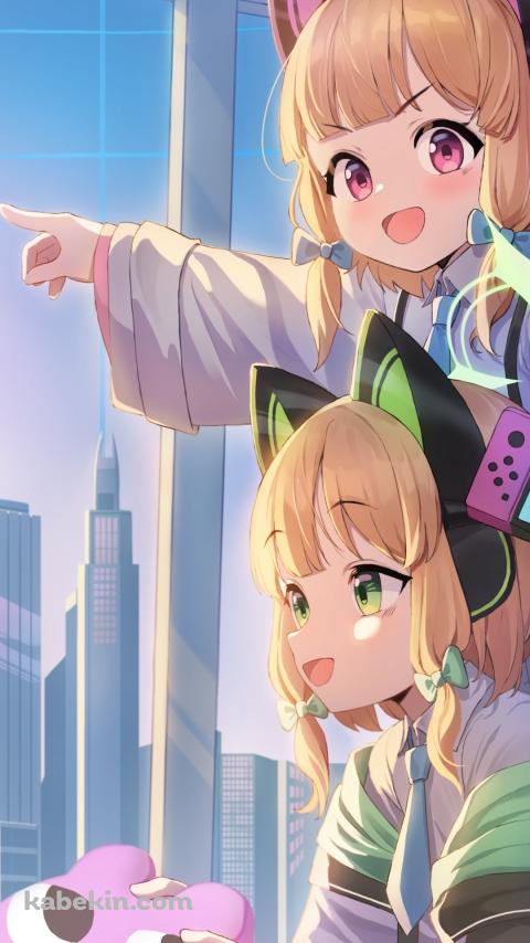 窓の外を見る才羽モモイと才羽ミドリ / ブルーアーカイブのAndroidの壁紙(480px x 854px) スマホ用