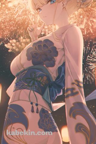 打ち上げ花火とピースをする浴衣を着た飛鳥馬トキ / ブルーアーカイブのAndroidの壁紙(320px x 480px) スマホ用