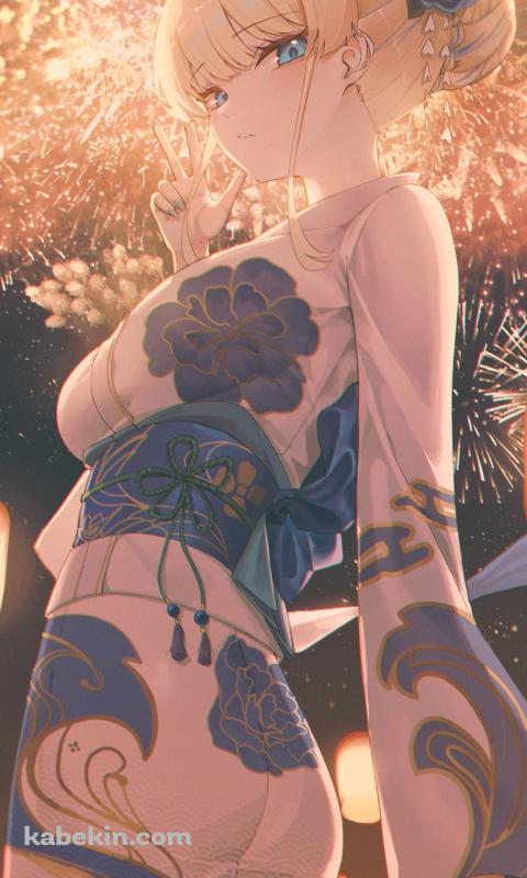 打ち上げ花火とピースをする浴衣を着た飛鳥馬トキ / ブルーアーカイブのAndroidの壁紙(480px x 800px) スマホ用