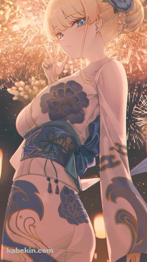 打ち上げ花火とピースをする浴衣を着た飛鳥馬トキ / ブルーアーカイブのAndroidの壁紙(480px x 854px) スマホ用