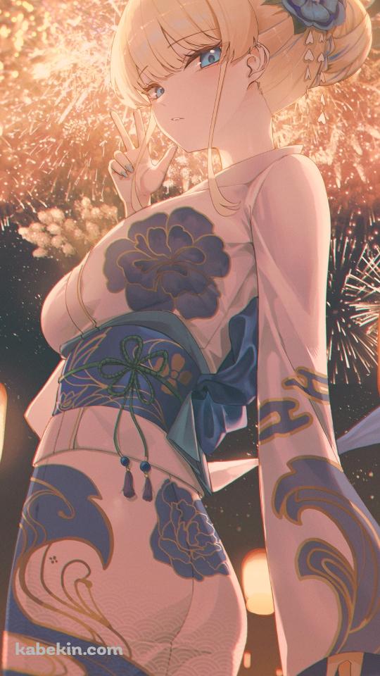 打ち上げ花火とピースをする浴衣を着た飛鳥馬トキ / ブルーアーカイブのAndroidの壁紙(540px x 960px) スマホ用