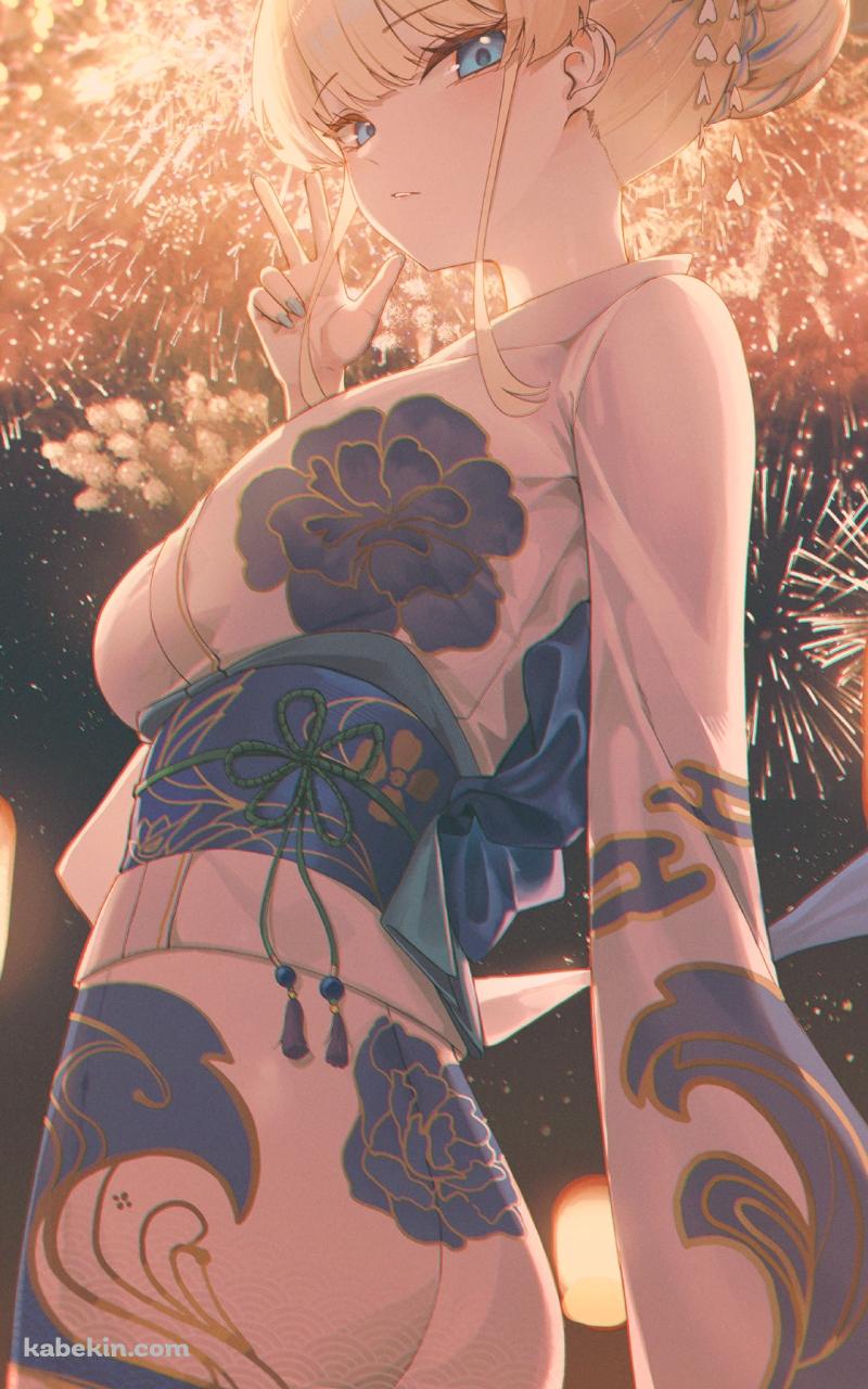 打ち上げ花火とピースをする浴衣を着た飛鳥馬トキ / ブルーアーカイブのAndroidの壁紙(800px x 1280px) スマホ用