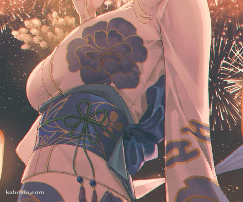 打ち上げ花火とピースをする浴衣を着た飛鳥馬トキ / ブルーアーカイブのAndroidの壁紙(960px x 800px) スマホ用