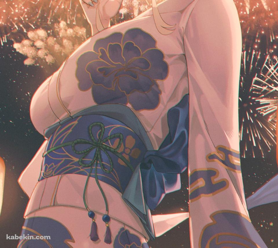 打ち上げ花火とピースをする浴衣を着た飛鳥馬トキ / ブルーアーカイブのAndroidの壁紙(960px x 854px) スマホ用