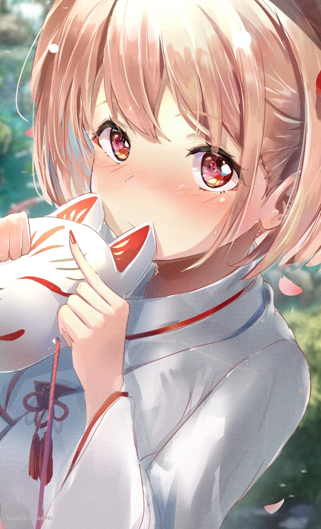 照れて狐面を持つ錦木千束 / リコリス・リコイルのAndroidの壁紙(1080px x 1776px) スマホ用