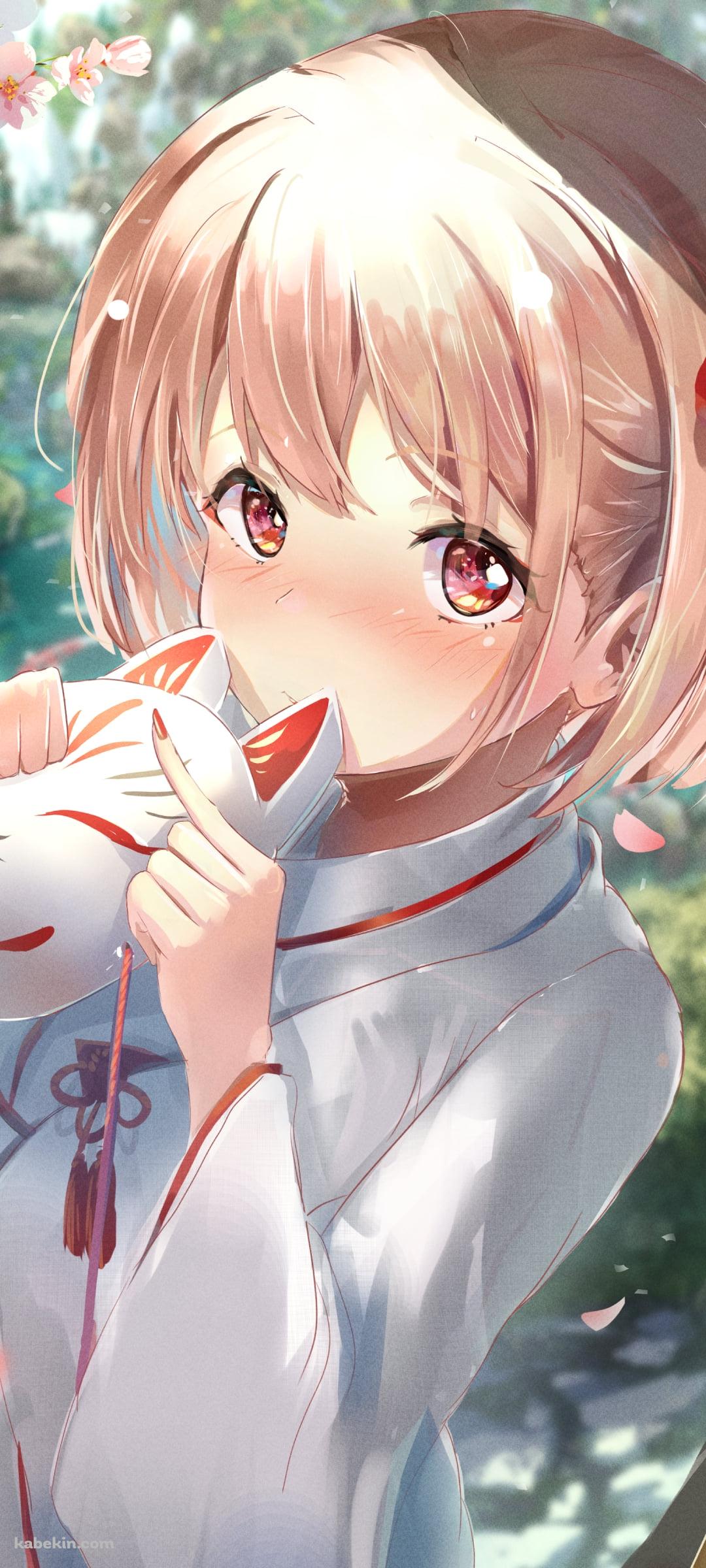 照れて狐面を持つ錦木千束 / リコリス・リコイルのAndroidの壁紙(1080px x 2400px) スマホ用
