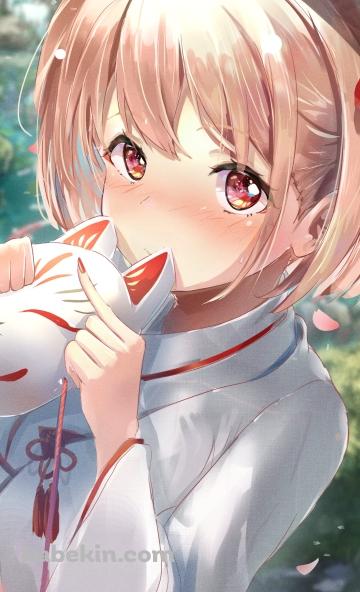 照れて狐面を持つ錦木千束 / リコリス・リコイルのAndroidの壁紙(360px x 592px) スマホ用