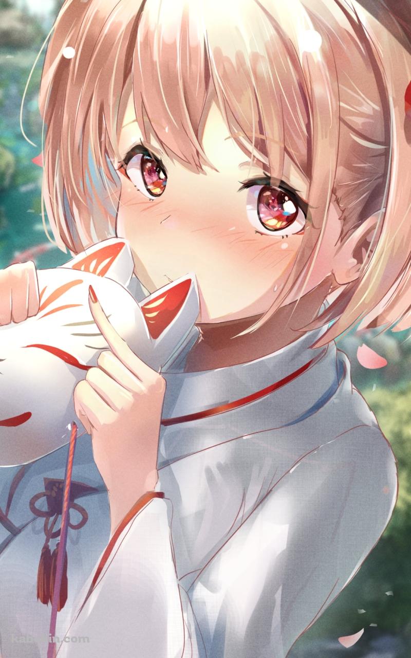 照れて狐面を持つ錦木千束 / リコリス・リコイルのAndroidの壁紙(800px x 1280px) スマホ用