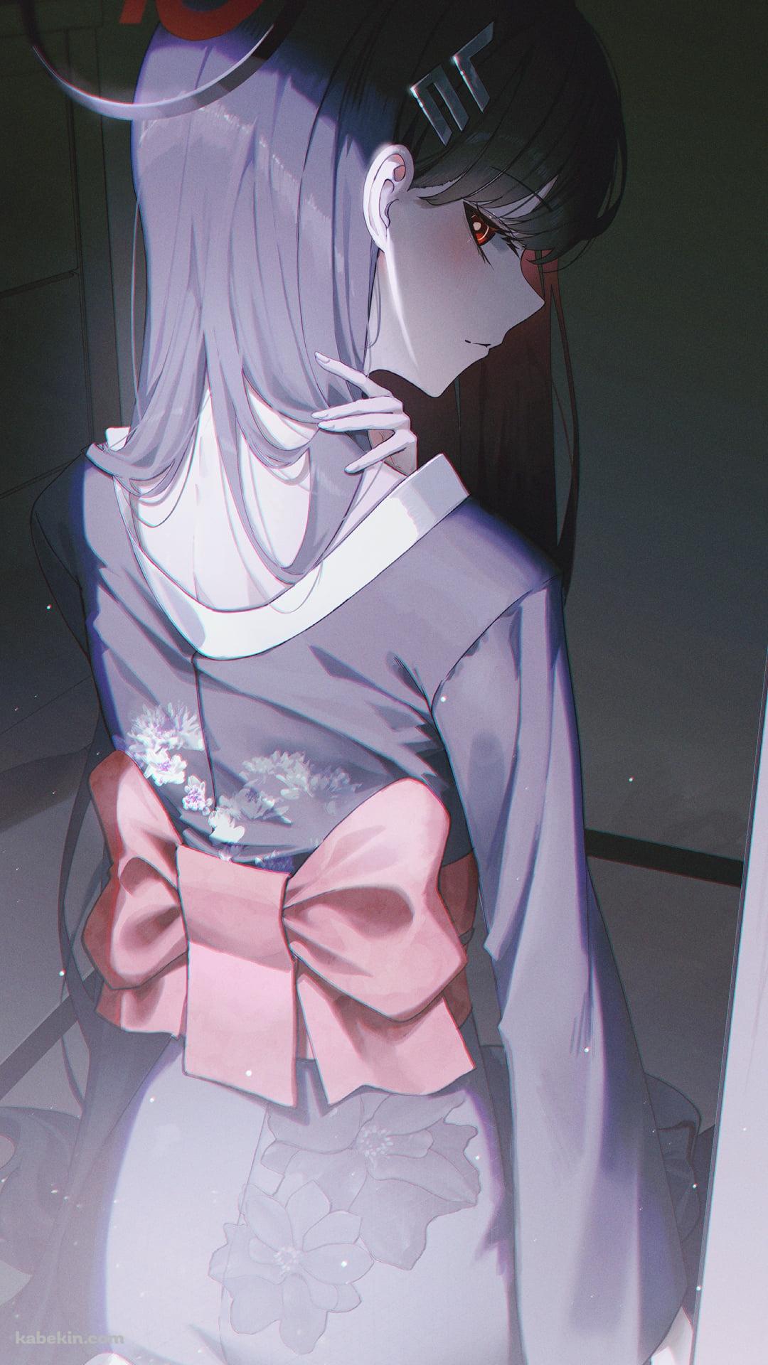 振り返る黒い着物を着た調月リオ / ブルーアーカイブのAndroidの壁紙(1080px x 1920px) スマホ用