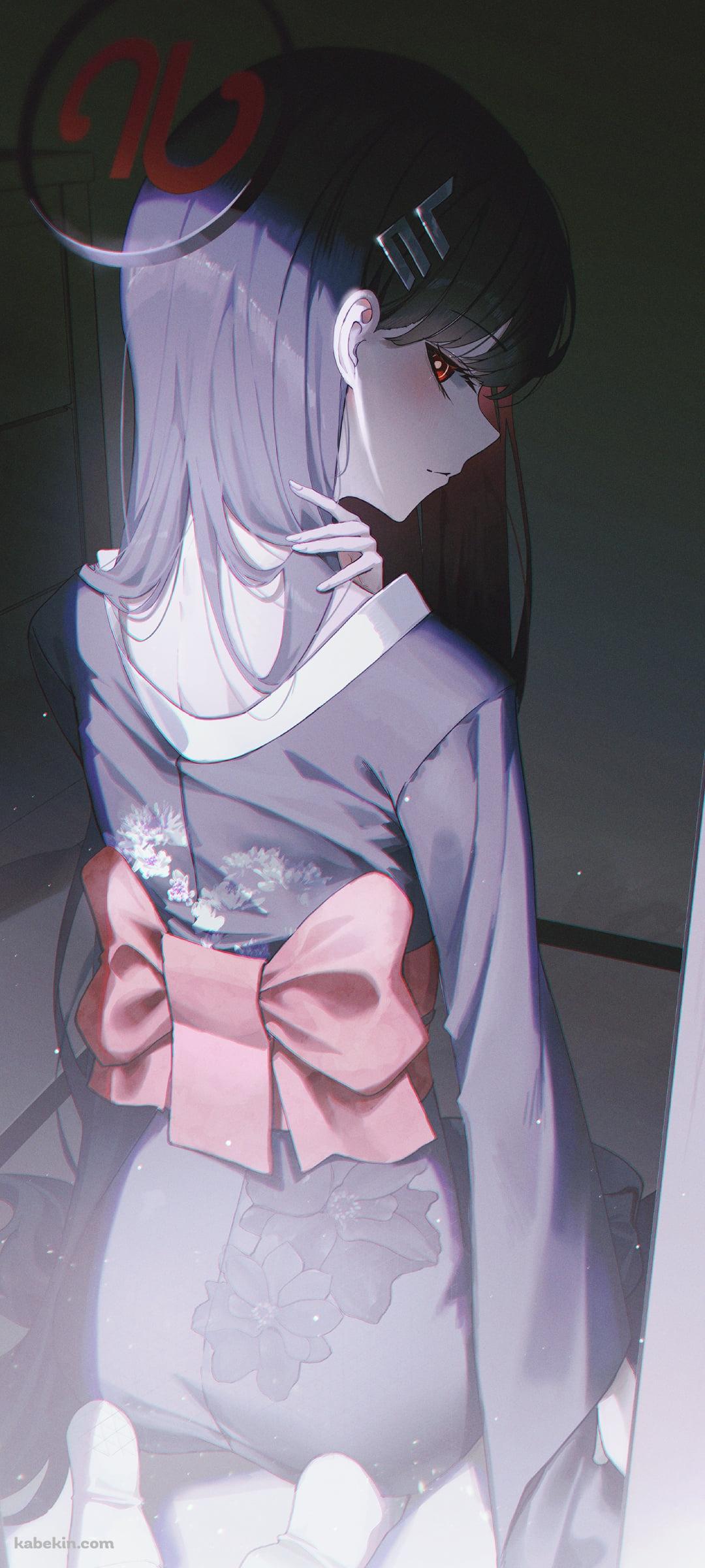 振り返る黒い着物を着た調月リオ / ブルーアーカイブのAndroidの壁紙(1080px x 2400px) スマホ用