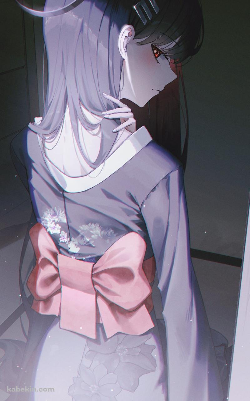 振り返る黒い着物を着た調月リオ / ブルーアーカイブのAndroidの壁紙(800px x 1280px) スマホ用