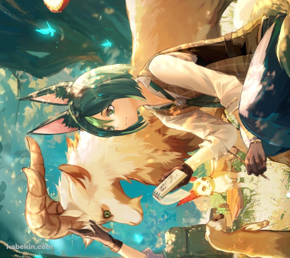 森の中で動物と戯れるアルベド / ティナリ / カーヴェ / 原神のAndroidの壁紙(960px x 854px) スマホ用