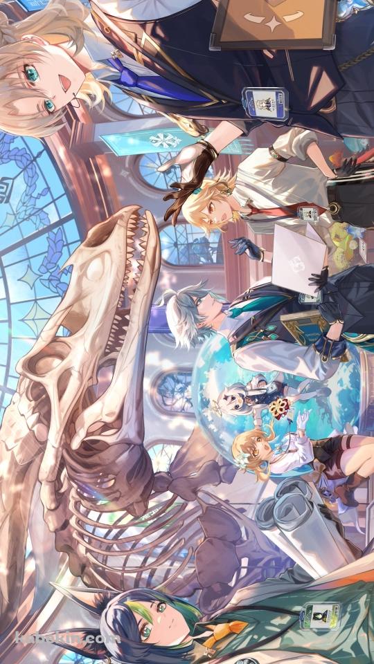 恐竜の標本と蛍 / パイモン / アルベド / ティナリ / アルハイゼン / カーヴェ / 原神のAndroidの壁紙(540px x 960px) スマホ用