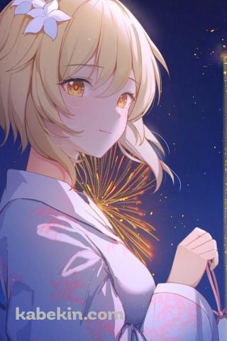 打ち上げ花火とこちらを見つめる蛍 / 原神のAndroidの壁紙(320px x 480px) スマホ用