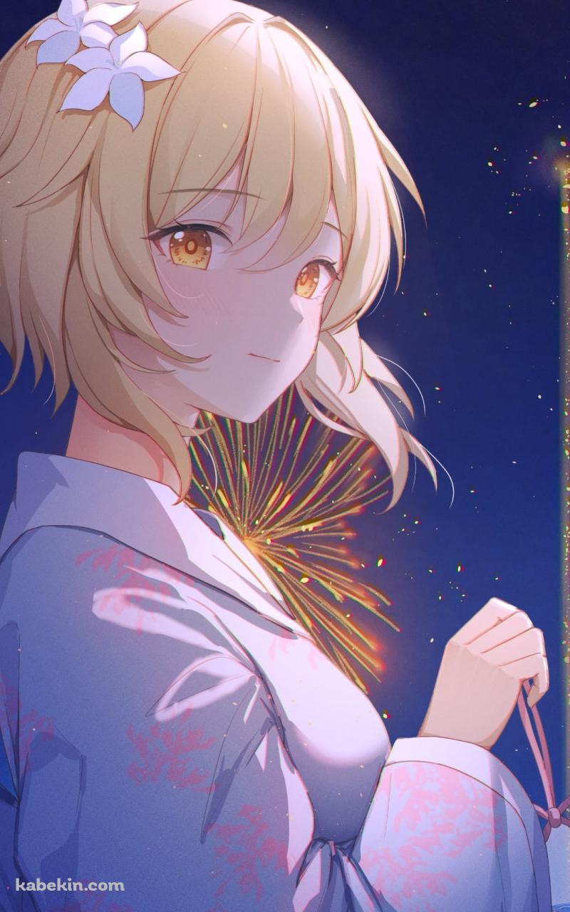 打ち上げ花火とこちらを見つめる蛍 / 原神のAndroidの壁紙(800px x 1280px) スマホ用