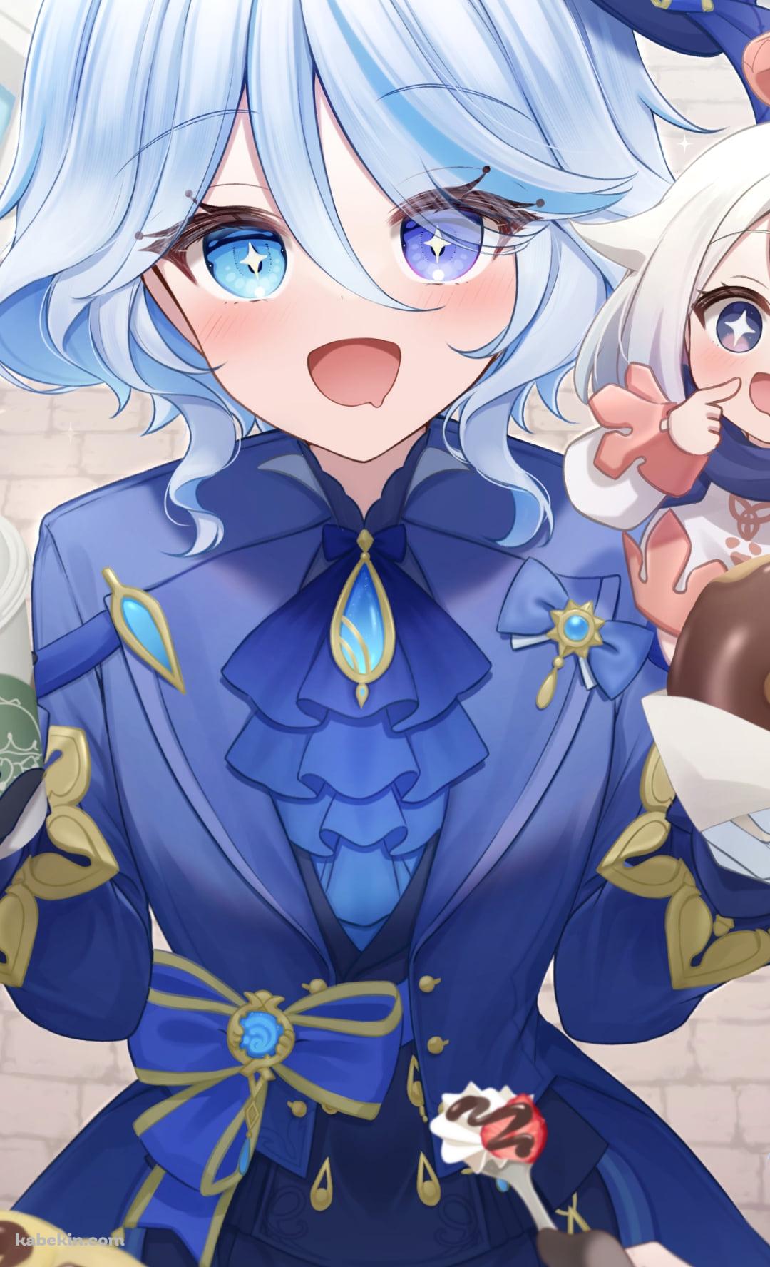 チョコレートドーナツを持つフリーナ / パイモン / 笑顔 / 原神のAndroidの壁紙(1080px x 1776px) スマホ用