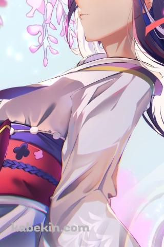 ピンクの藤の花と雷電将軍 / 原神のAndroidの壁紙(320px x 480px) スマホ用