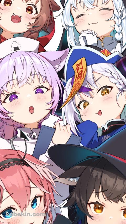 白上フブキ、猫又おかゆ、ラプラス・ダークネス、大神ミオ、戌神ころね、鷹嶺ルイ / ホロライブ / バーチャルYouTuberのAndroidの壁紙(480px x 854px) スマホ用