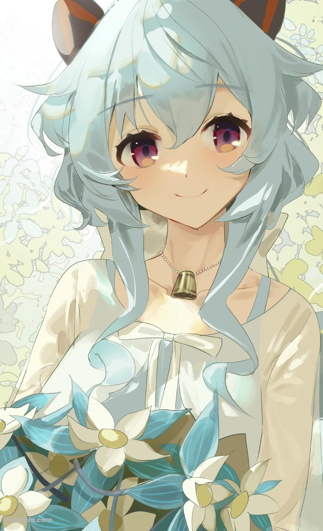 白い花を持つ甘雨 / 笑顔 / 原神のAndroidの壁紙(1080px x 1776px) スマホ用