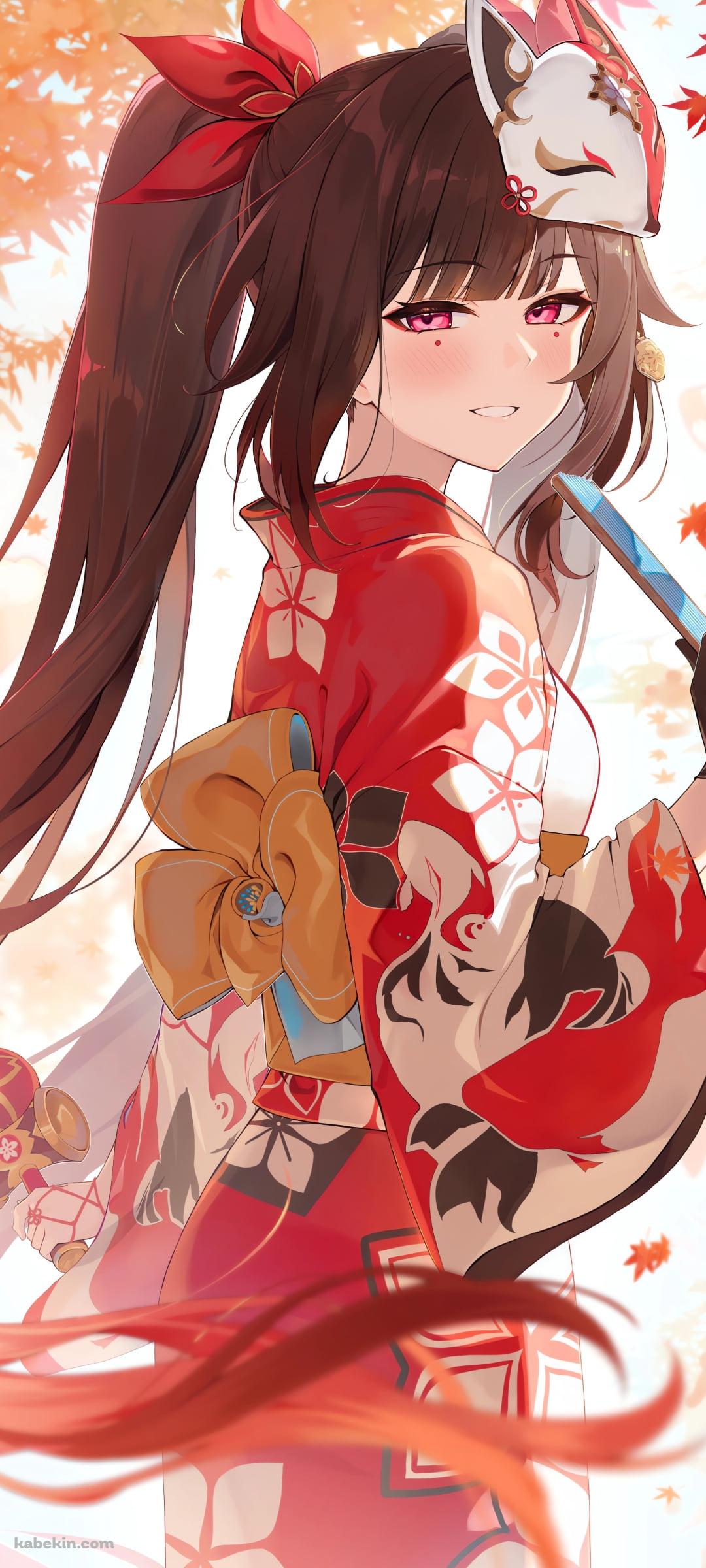 紅葉とスマホを持つ赤い着物を着た花火 / 崩壊:スターレイルのAndroidの壁紙(1080px x 2400px) スマホ用