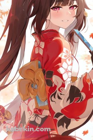 紅葉とスマホを持つ赤い着物を着た花火 / 崩壊:スターレイルのAndroidの壁紙(320px x 480px) スマホ用