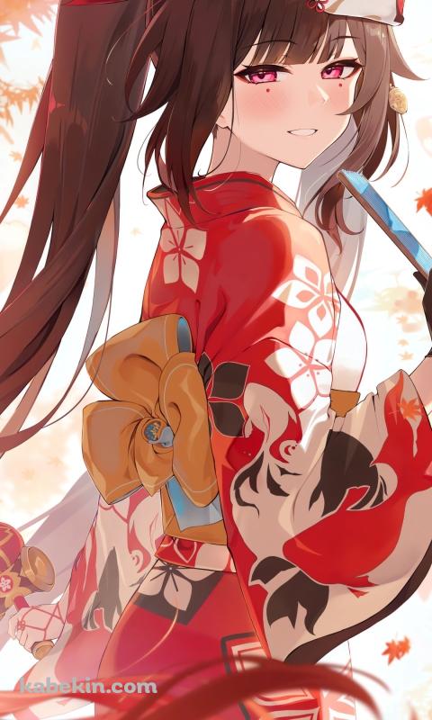 紅葉とスマホを持つ赤い着物を着た花火 / 崩壊:スターレイルのAndroidの壁紙(480px x 800px) スマホ用