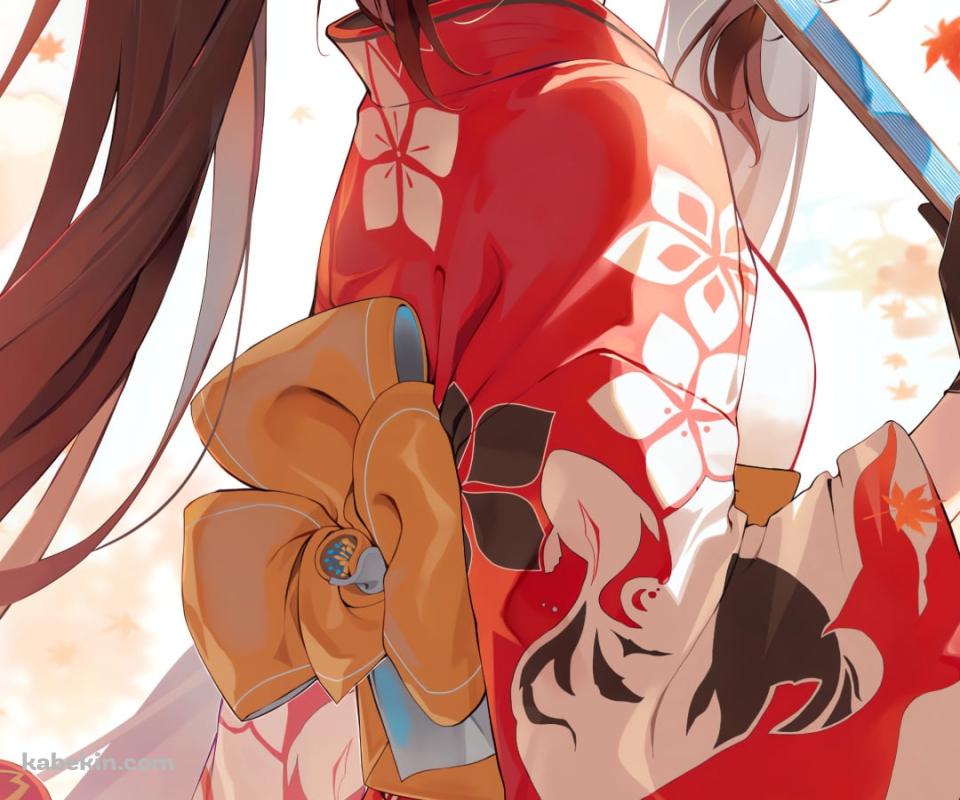 紅葉とスマホを持つ赤い着物を着た花火 / 崩壊:スターレイルのAndroidの壁紙(960px x 800px) スマホ用