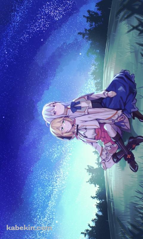 背中合わせに座るアニスフィア・ウィン・パレッティア / ユフィリア・マゼンタ / 夜空 / 転生王女と天才令嬢の魔法革命のAndroidの壁紙(480px x 800px) スマホ用
