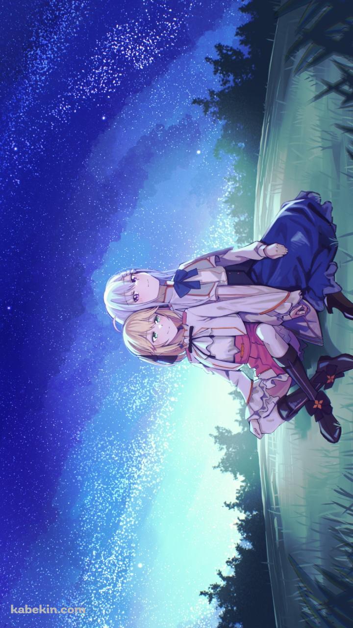 背中合わせに座るアニスフィア・ウィン・パレッティア / ユフィリア・マゼンタ / 夜空 / 転生王女と天才令嬢の魔法革命のAndroidの壁紙(720px x 1280px) スマホ用